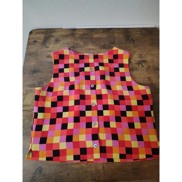 Via Seta 100% Silk Top Retro Cantaloupe Checkered Orange Pink Sleeveless Blouse - Picture 2 of 6